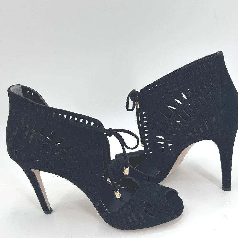 Ivanka Trump Delfino Suede High Heel Sandal Size 7.5 Black Peep Toe Laser Cut